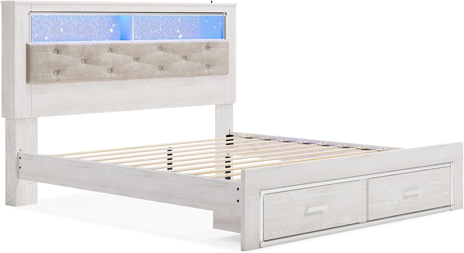 Signature Design by Ashley Altyra Contemporary Tufted King Upholstered Bookcase Platform Bed with LED Lights and 2 Drawers, Foundation or Box Spring Not Needed, White & Gray