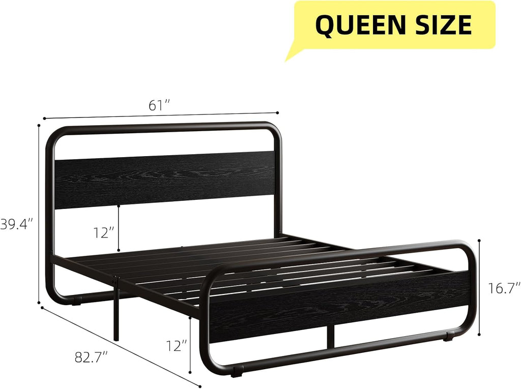 Catrimown Queen Bed Frame with LED Lights, Heavy Duty Metal Rustic Platform Bed Frame Queen Size with Headboard, Noise Free, No Box Spring Needed, Black