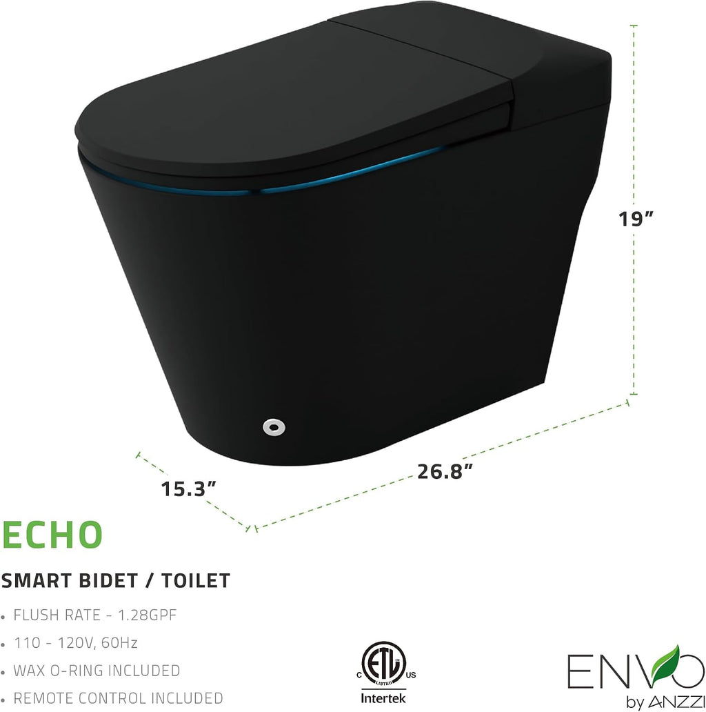 ANZZI Echo Smart Bidet Toilet Elongated One-Piece 1.28 GPF Matte Black with Auto Open Close, Auto Flush, Voice and WiFi Control, Heated Seat, Warm Water Wash, Remote Control | TL-ST950WIFI-MB