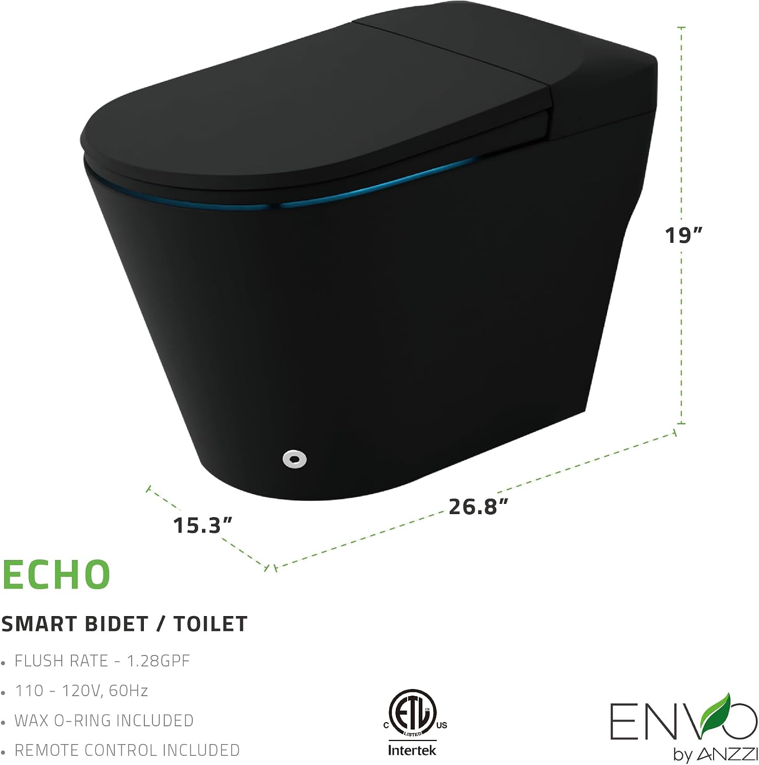 ANZZI Echo Smart Bidet Toilet Elongated One-Piece 1.28 GPF Matte Black with Auto Open Close, Auto Flush, Voice and WiFi Control, Heated Seat, Warm Water Wash, Remote Control | TL-ST950WIFI-MB