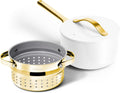 Caraway Nonstick 3 Qt Ceramic Sauce Pan with Lid & Steamer - Non Toxic, PTFE & PFOA Free - Oven Safe & Compatible with All Stovetops (Gas, Electric & Induction) - White