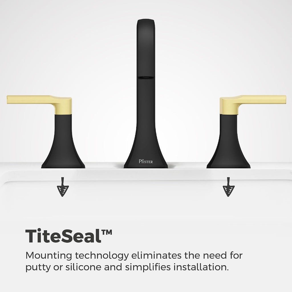 Pfister Vaneri Bathroom Sink Faucet 8 in Widespread 2-Handle 3-Hole NSF Certified Water-Efficient Matte Black and Brushed Gold Finish Push & Seal Drain LF049VRIBBG