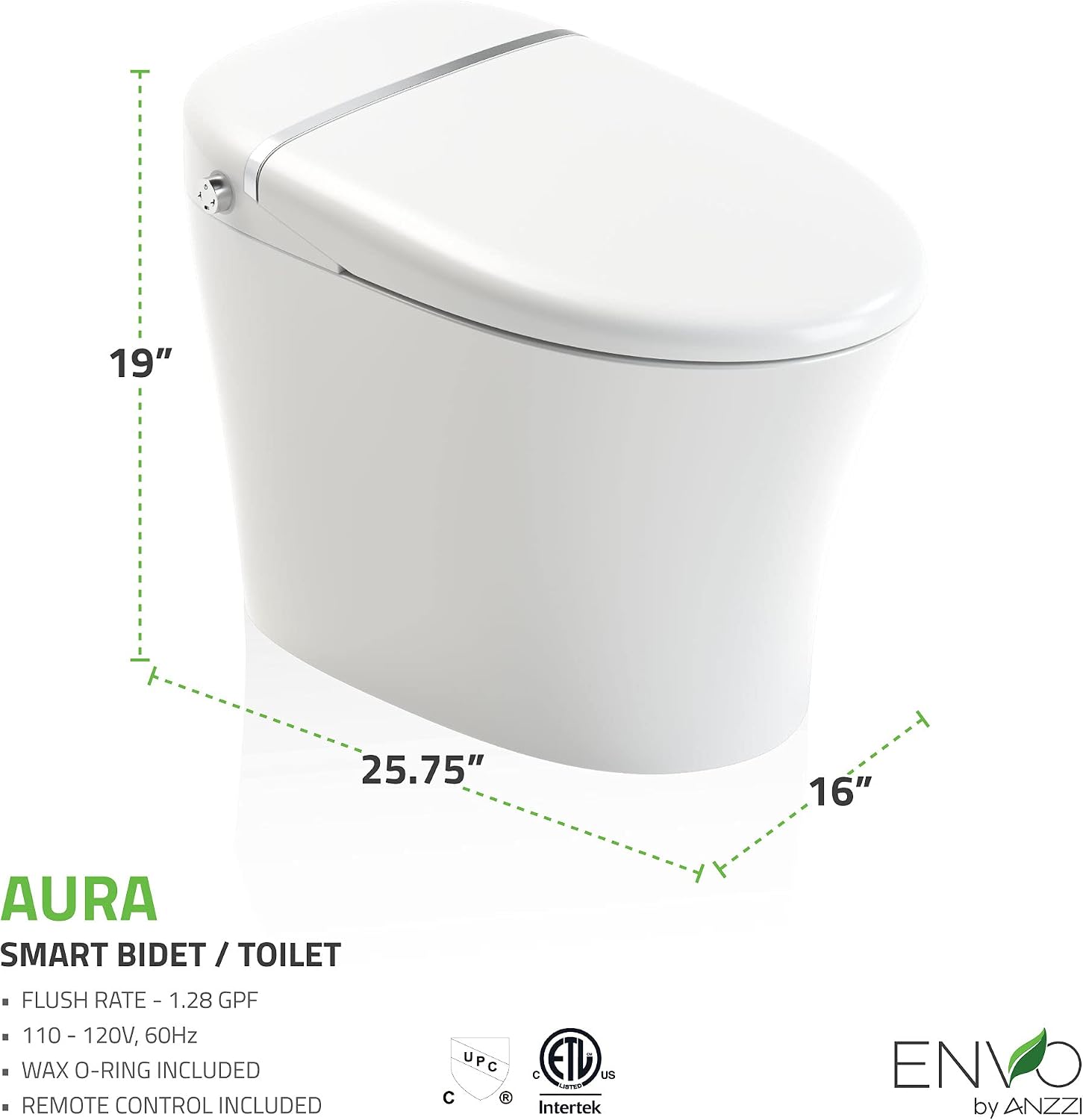 ANZZI One-Piece Smart Bidet Toilet Elongated 1.28 GPF White with Remote Control, Auto Flush, Heated Seat, Warm Water Wash, Dryer and Deodorizer, Foot Sensor Flush Envo Aura Series | TL-STSF851WH