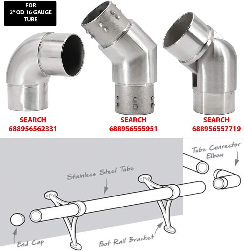 Solid Bar Mount Foot Rail Kit (Custom-Made), Brushed Stainless Steel Tubing (2 in OD, 10 ft = 60 in x 2 Long) w/Internal Connector, Bar Mount Foot Rail Bracket, Domed End Cap