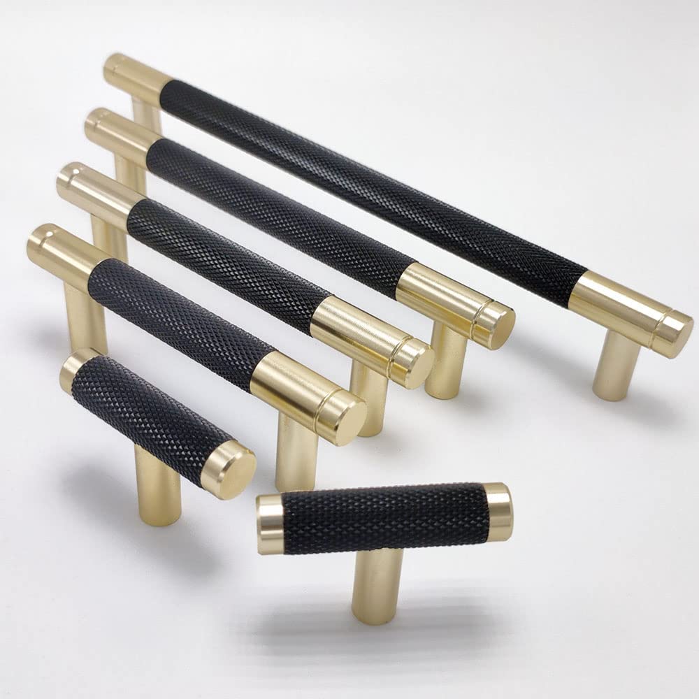50 Pack 5 Inch 128 mm Bar Cabinet Pulls Gold and Black Knurled Handles for Brushed Gold Drawer Pulls Cupboard Aluminum Handles