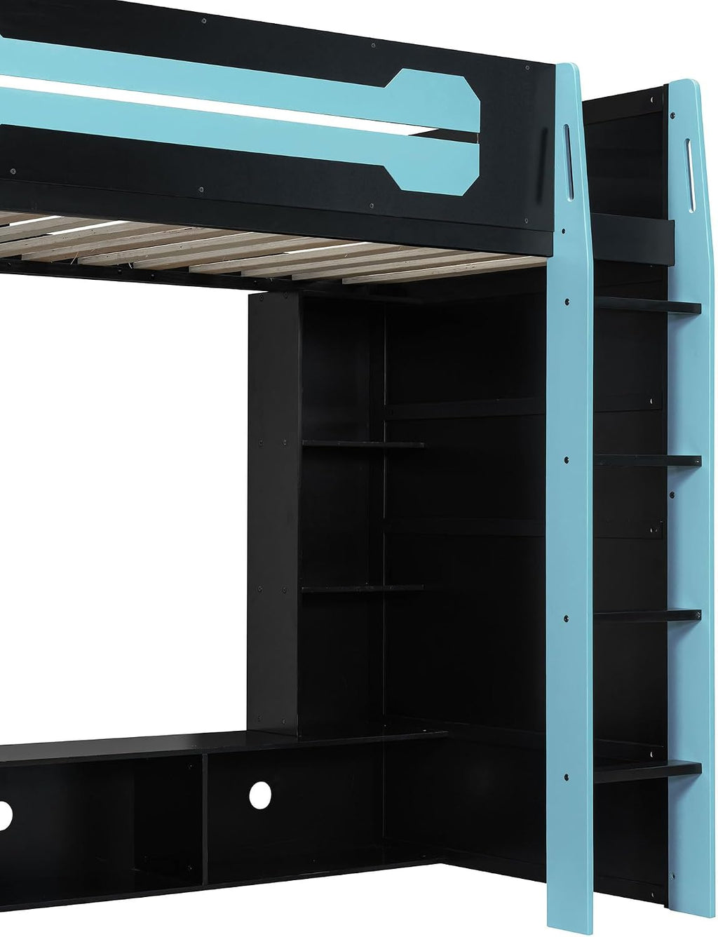 Bellemave Gaming Loft Bed with Desk and Lights, Twin Loft Bed with Storage Shelves and Work Station, Wood Loft Bed Frame for Kids, Boys, Girls, Teens, No Spring Box Needed & Dedicated Style, Blue