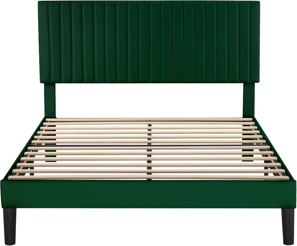 Allewie Full Bed Frame, Velvet Upholstered Platform Bed with Adjustable Vertical Channel Tufted Headboard, Mattress Foundation with Strong Wooden Slats, Box Spring Optional, Easy Assembly, Green