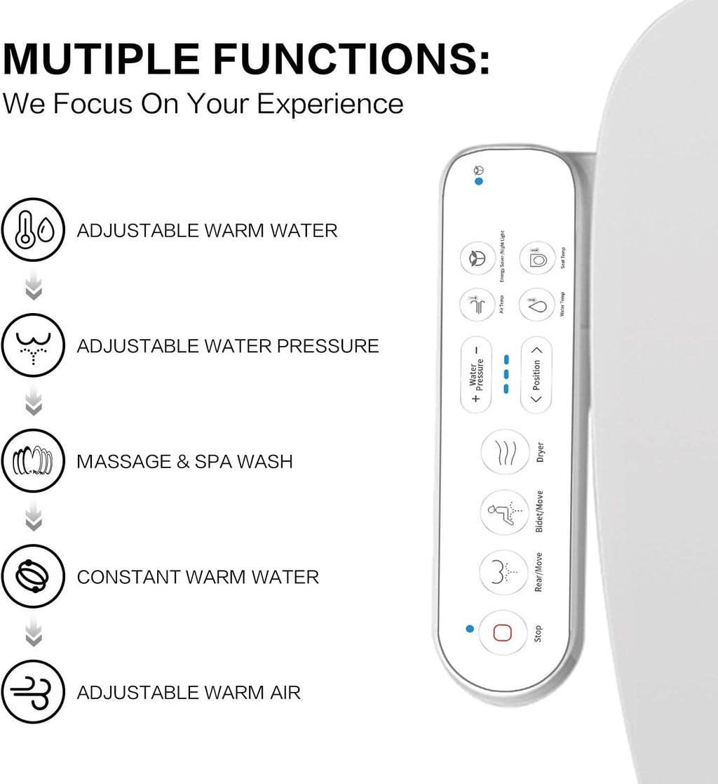FN1 Electronic Bidet Seat Elongated, Smart Toilet Bidet Seat, Bidet Attachment for Toilet Warm Water, Warm Air Dryer, Rear and Front Wash, LED Light