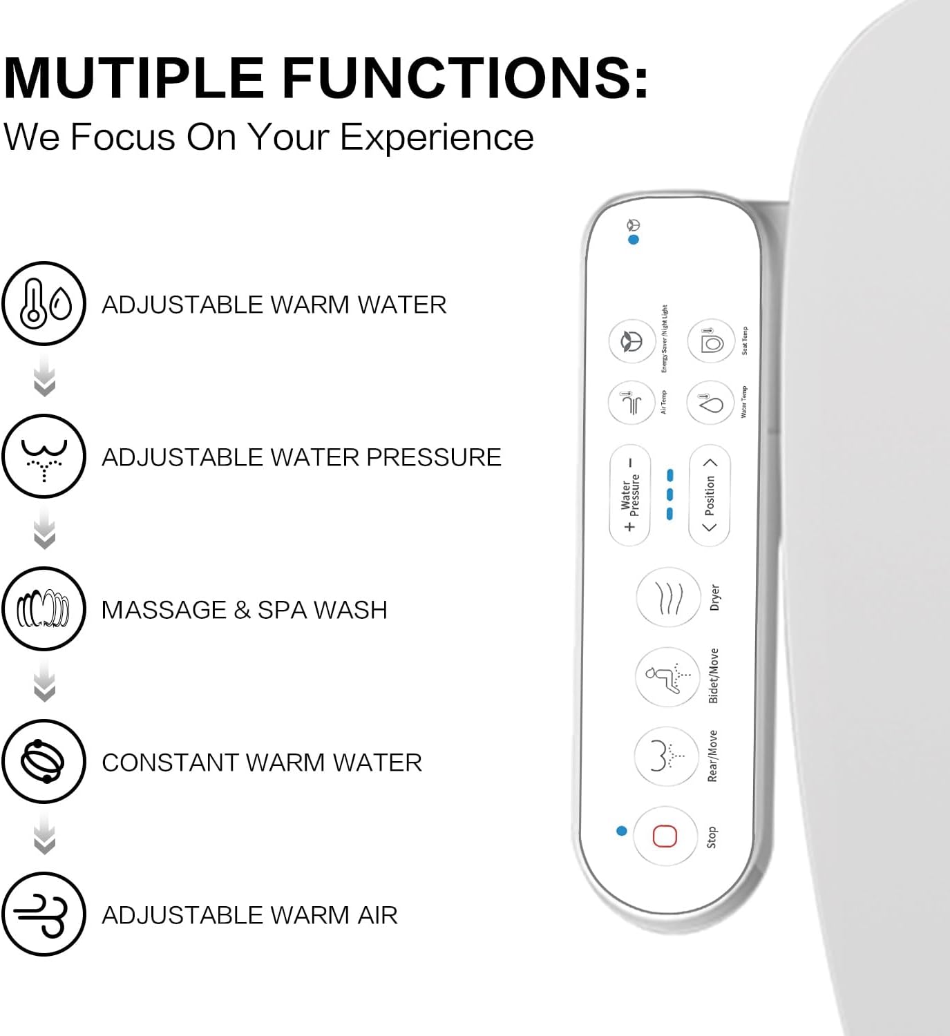 FN1 Electronic Bidet Seat Elongated, Smart Toilet Bidet Seat, Bidet Attachment for Toilet Warm Water, Warm Air Dryer, Rear and Front Wash, LED Light