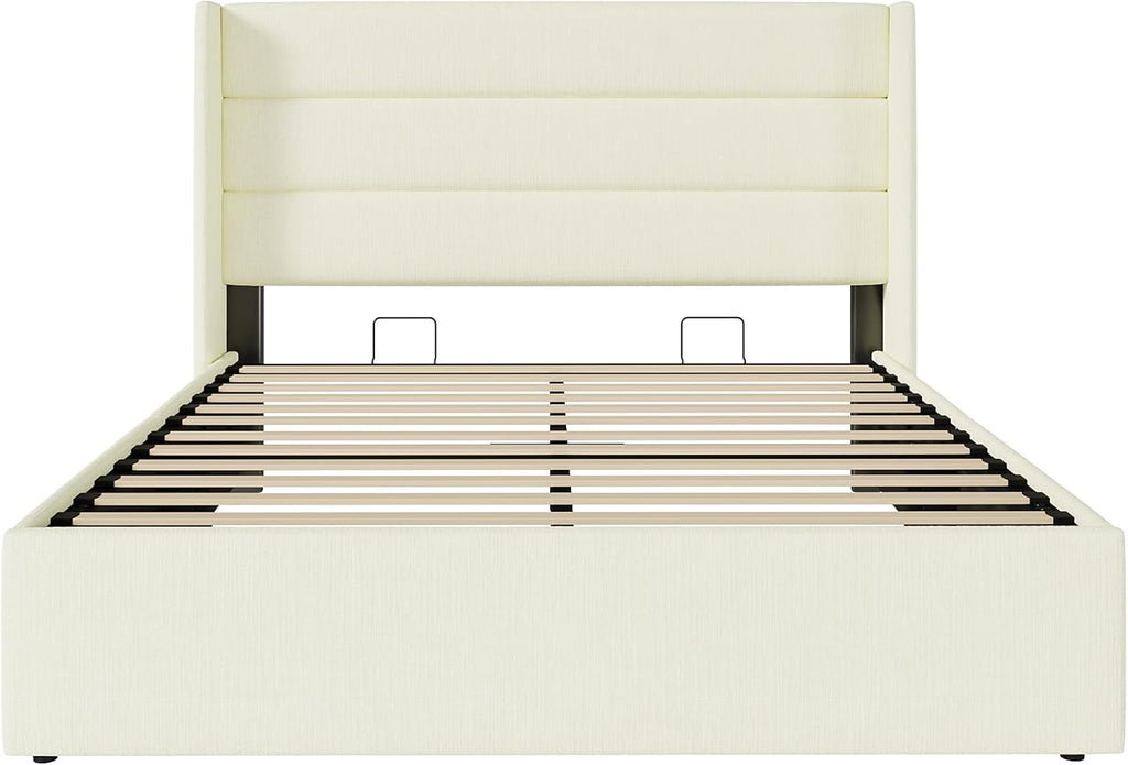 SHA CERLIN Full Size Lift Up Storage Bed/Chenille Fabric Upholstered/Modern Wingback Headboard/Platform Bed Frame/Hydraulic Storage/No Box Spring Needed/Wood Slats Support/Cream