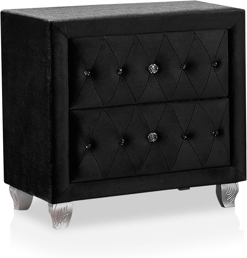 Furniture of America Rhodo Glam Button Tufting Fabric Upholstered 3-Piece Bedroom Set, Bed and 2 Nightstands, California King-Size, Black