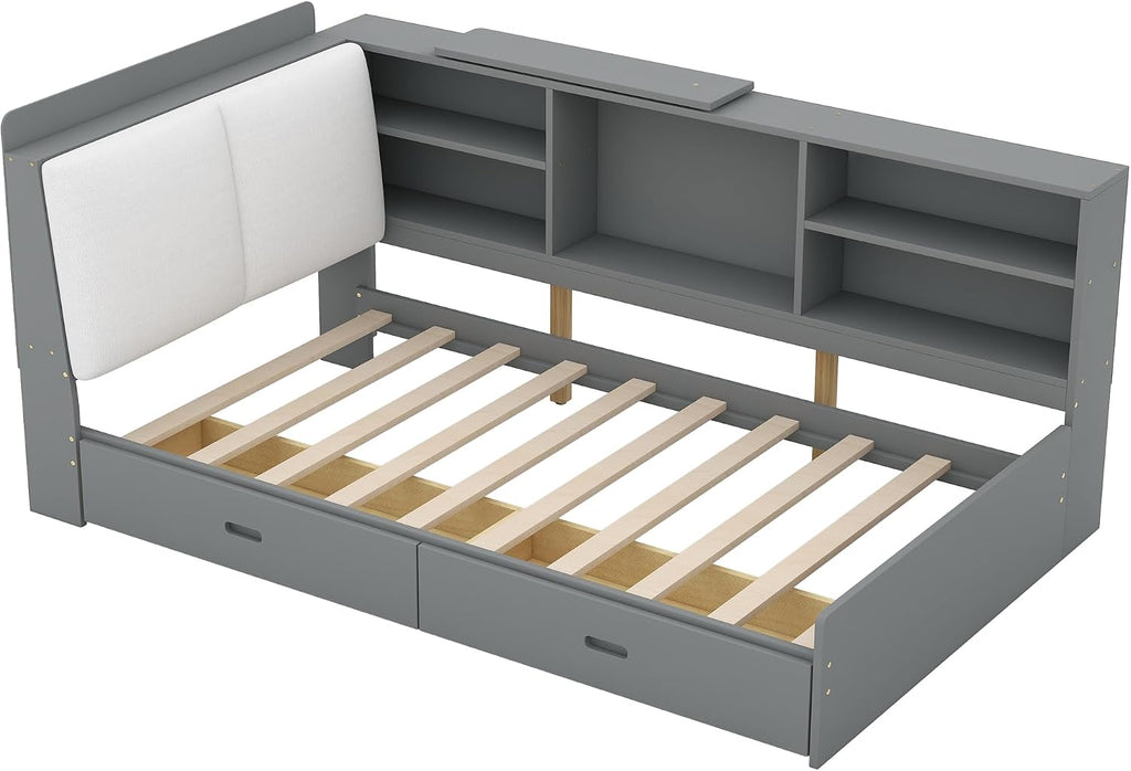 Harper & Bright Designs Wood Daybed Frame with Shelves & Drawers & Storage Upholstered Headboard,Twin Size Floor Corner Sofa Bed with Rotatable Storage Board for Bedroom Living Room,Space Saving,Gray