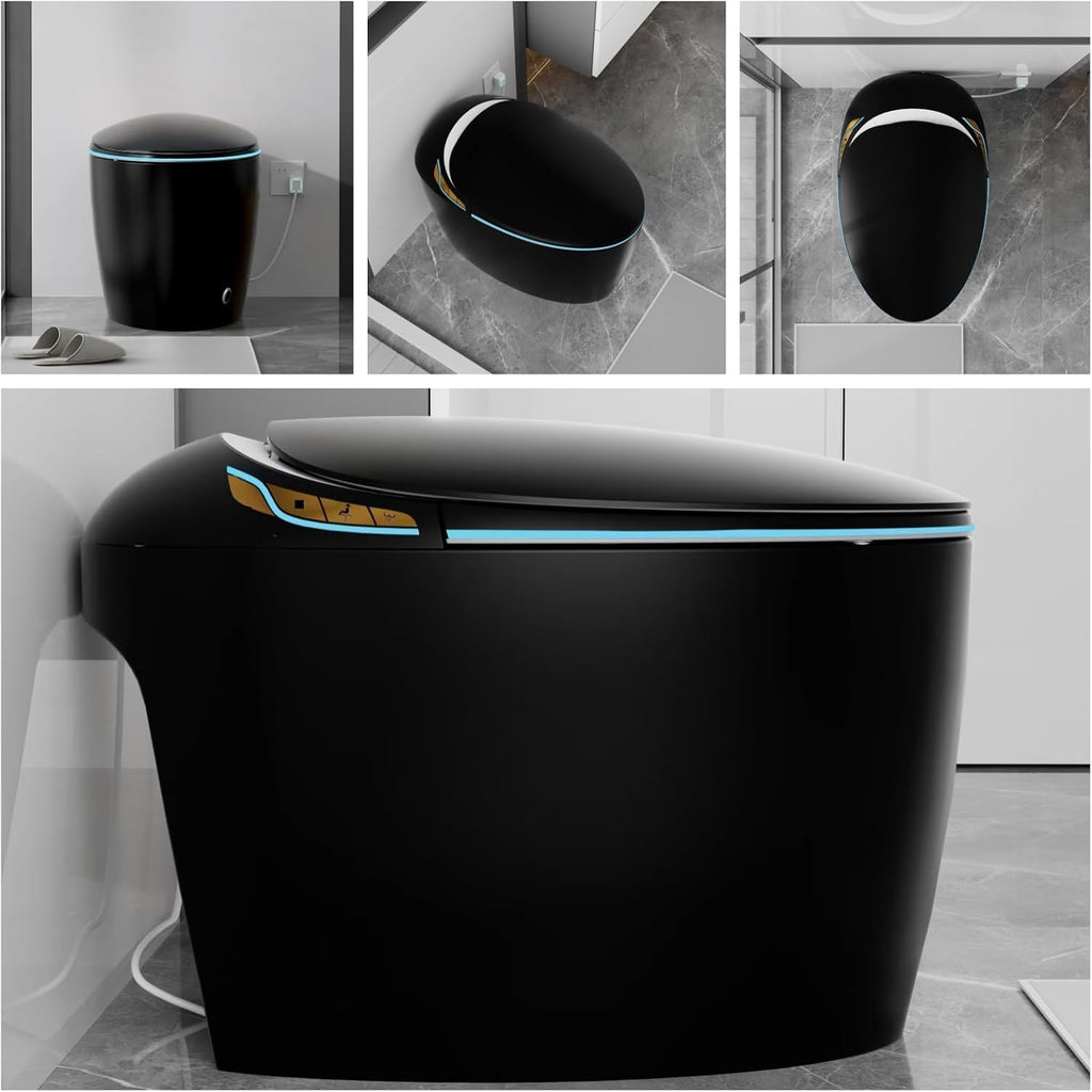 SouNor Black Tankless Smart Toilet with Bidet Built In, Heated Seat, Warm Water and Dry, Comfort Height Night Light, Auto Flush, Auto Open & Close,Egg Design