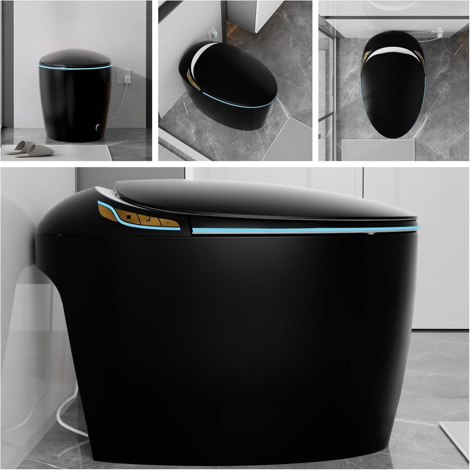SouNor Black Tankless Smart Toilet with Bidet Built In, Heated Seat, Warm Water and Dry, Comfort Height Night Light, Auto Flush, Auto Open & Close,Egg Design