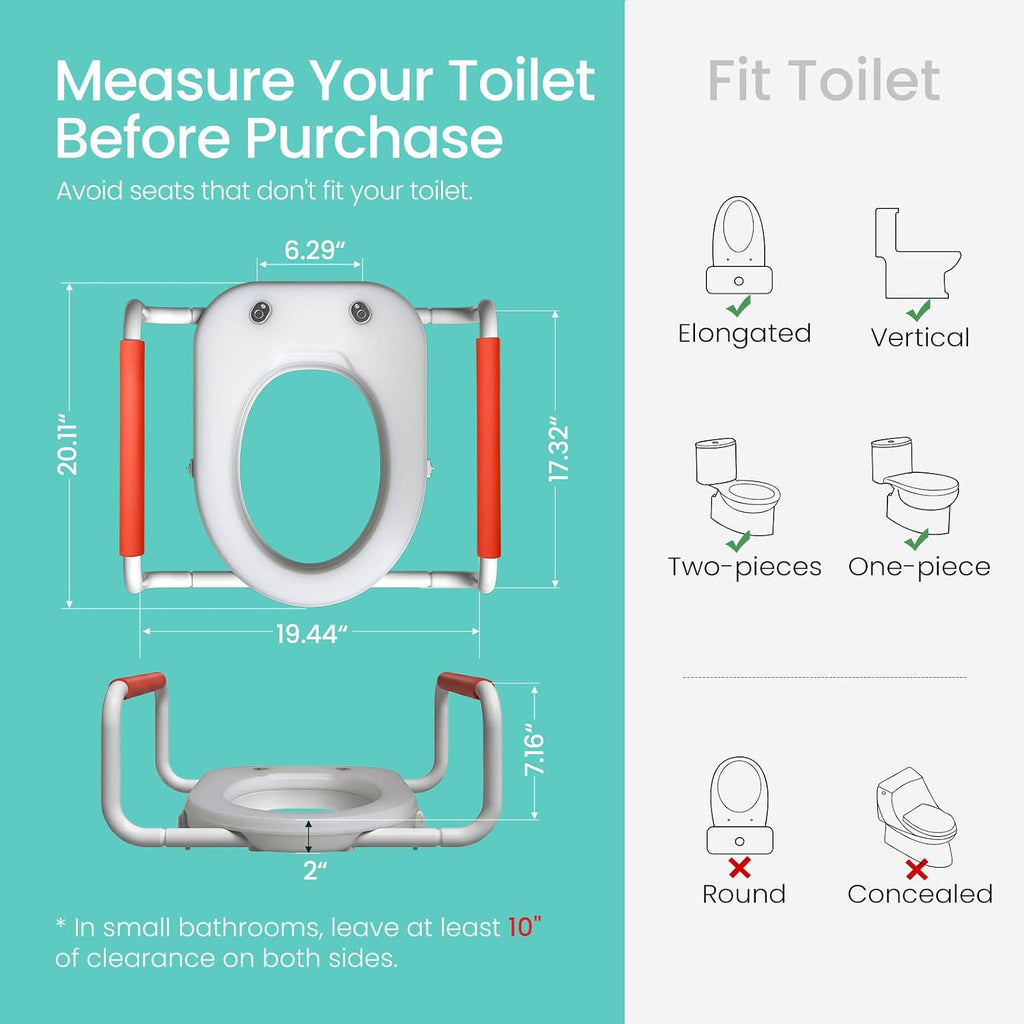 R&T Toilet Seat Riser 2' Raised Seat with Removable Padded Handles Fit for Elongated Toilets