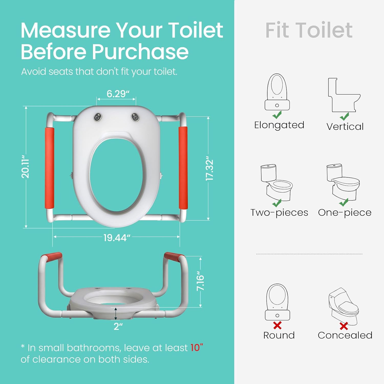 R&T Toilet Seat Riser 2' Raised Seat with Removable Padded Handles Fit for Elongated Toilets