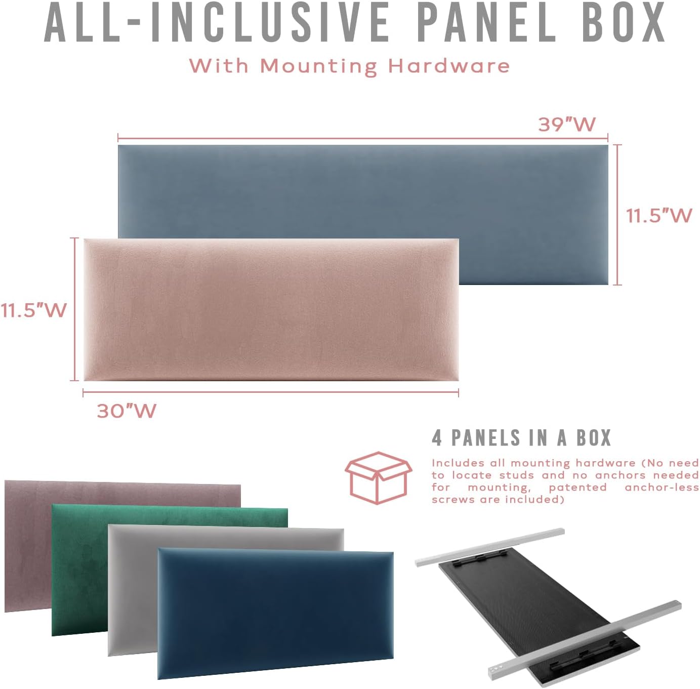 Vänt Upholstered Wall Panels - Queen/Full Size Wall Mounted Velvet Headboards - Velvet Platinum Grey - Set of 4 Panels (Each Individual Panel 30'x11.5')