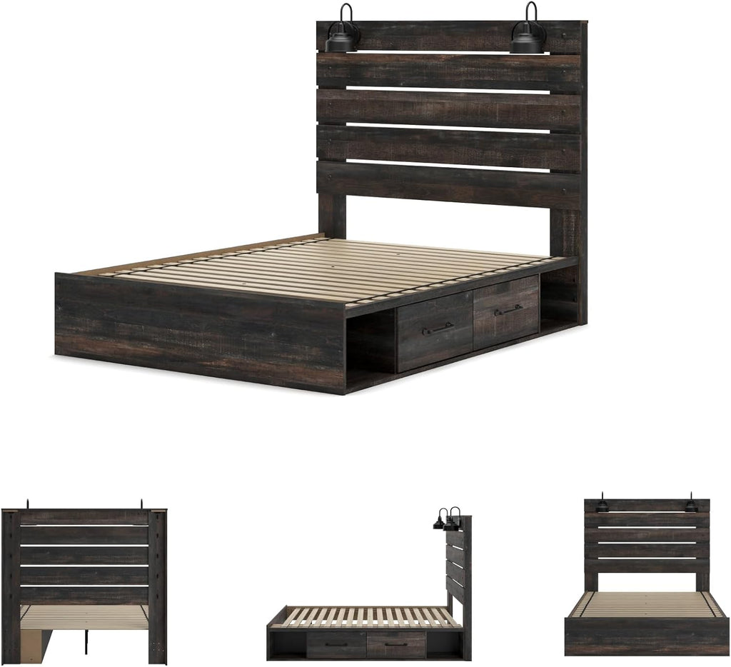 Signature Design by Ashley Drystan Rustic Queen Panel Platform Bed with 2 Storage Drawers, Open Cubbies, Sconce LED Lights and USB Ports, Foundation or Box Spring Not Needed, Dark Brown & Gray
