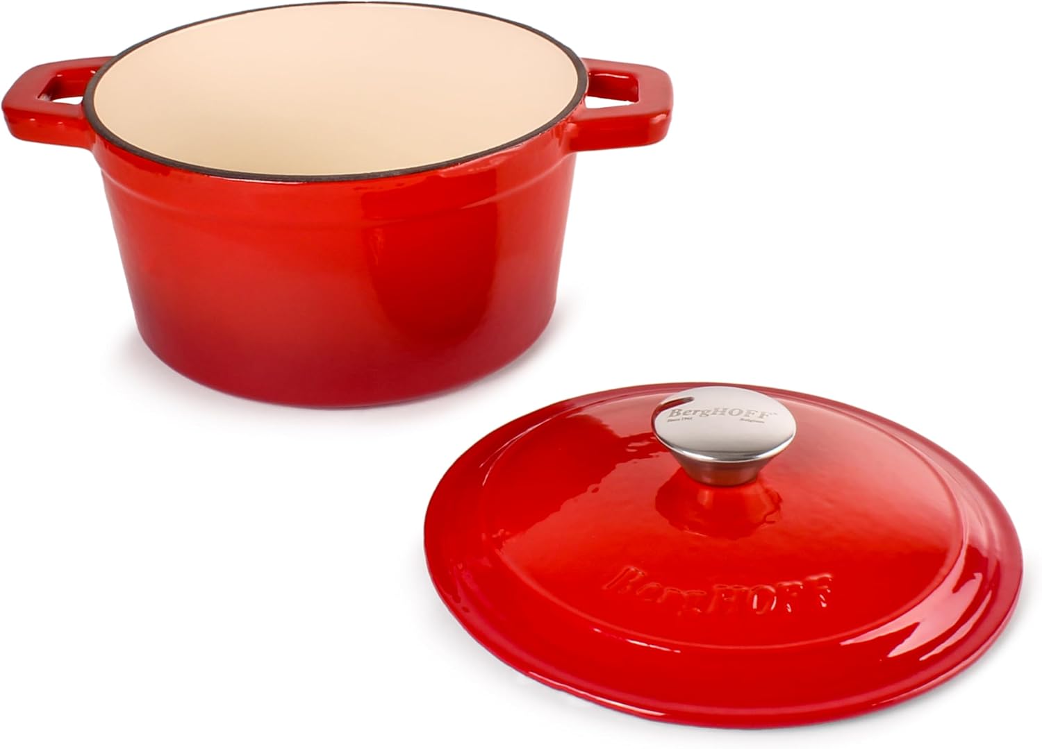 BergHOFF 3Pc Neo Enameled Cast Iron Cookware Set, 3qt. Dutch Oven, Matching Lid, Square Grill Pan 11 Inches, Oven Safe Up To 400°F, Red