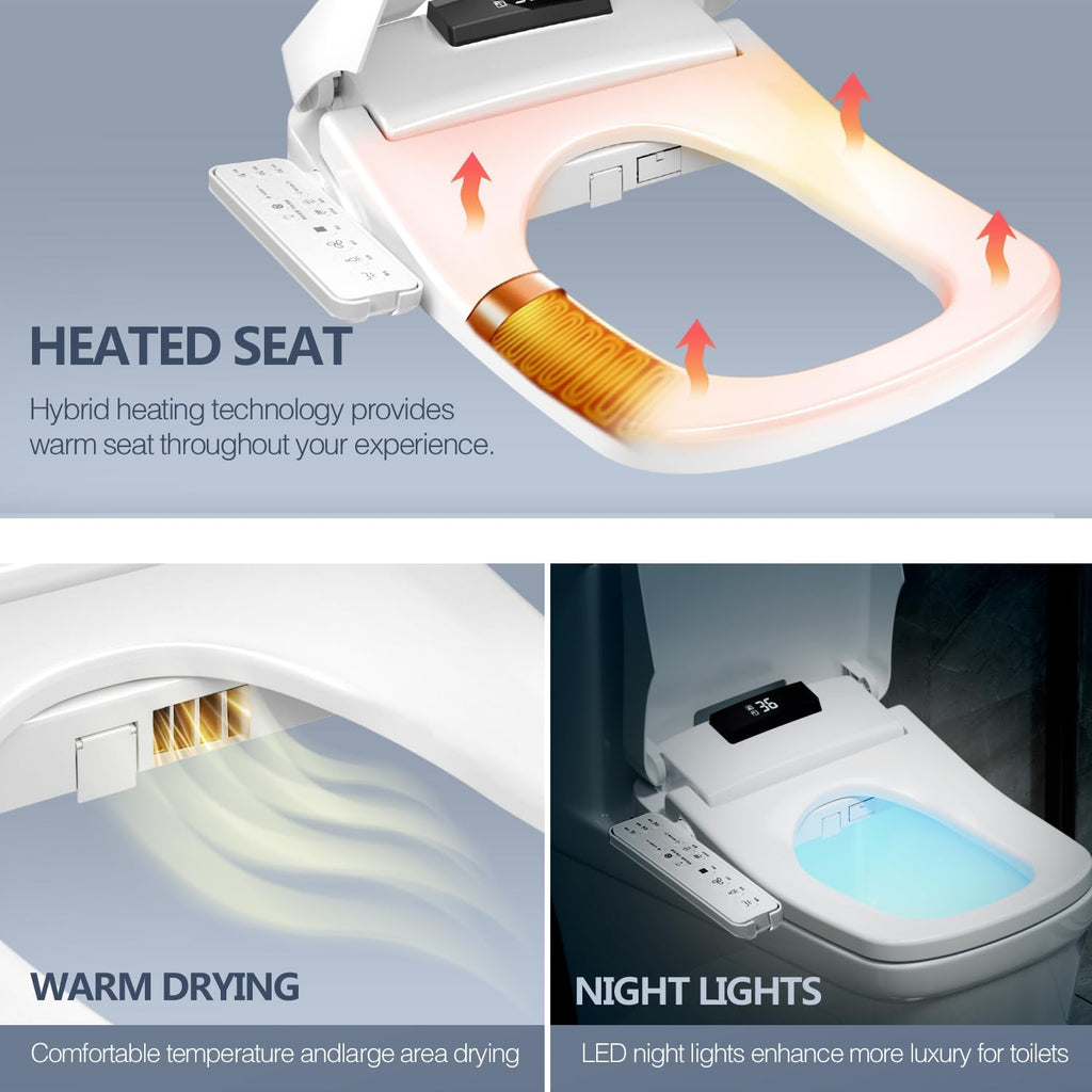 WLJBIDET Square Bidet Seat for Rectangle Toilets, Electric Heated Toilet Seat, Adjustable Air Dryer and Warm Water, Front and Rear Wash, 110V-120V Only
