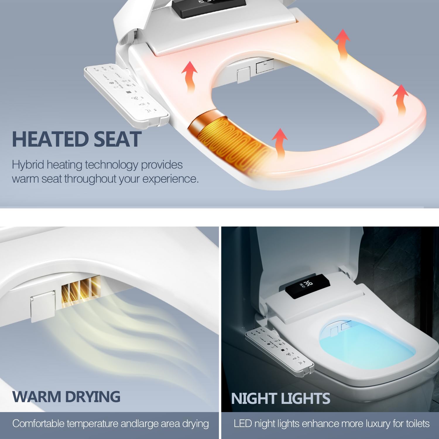 WLJBIDET Square Bidet Seat for Rectangle Toilets, Electric Heated Toilet Seat, Adjustable Air Dryer and Warm Water, Front and Rear Wash, 110V-120V Only