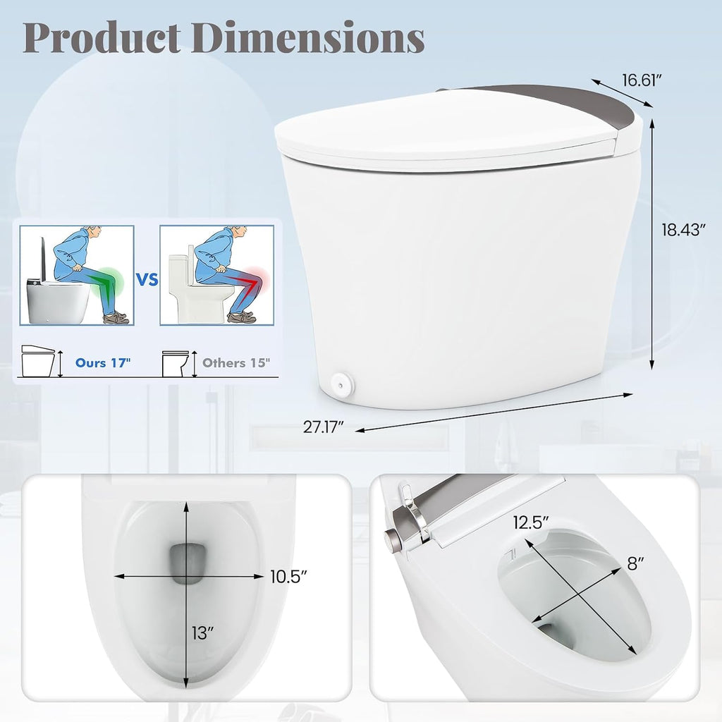 Giantex Smart Toilet, Elongated Bidet Toilet with Adjustable Heat, Dryer, Night Light, Auto Open/Close, Foot Sensor, 1.16 GPF Automatic/Blackout Flush, Remote/Side Knob, 1000 Gram MaP Flushing Score
