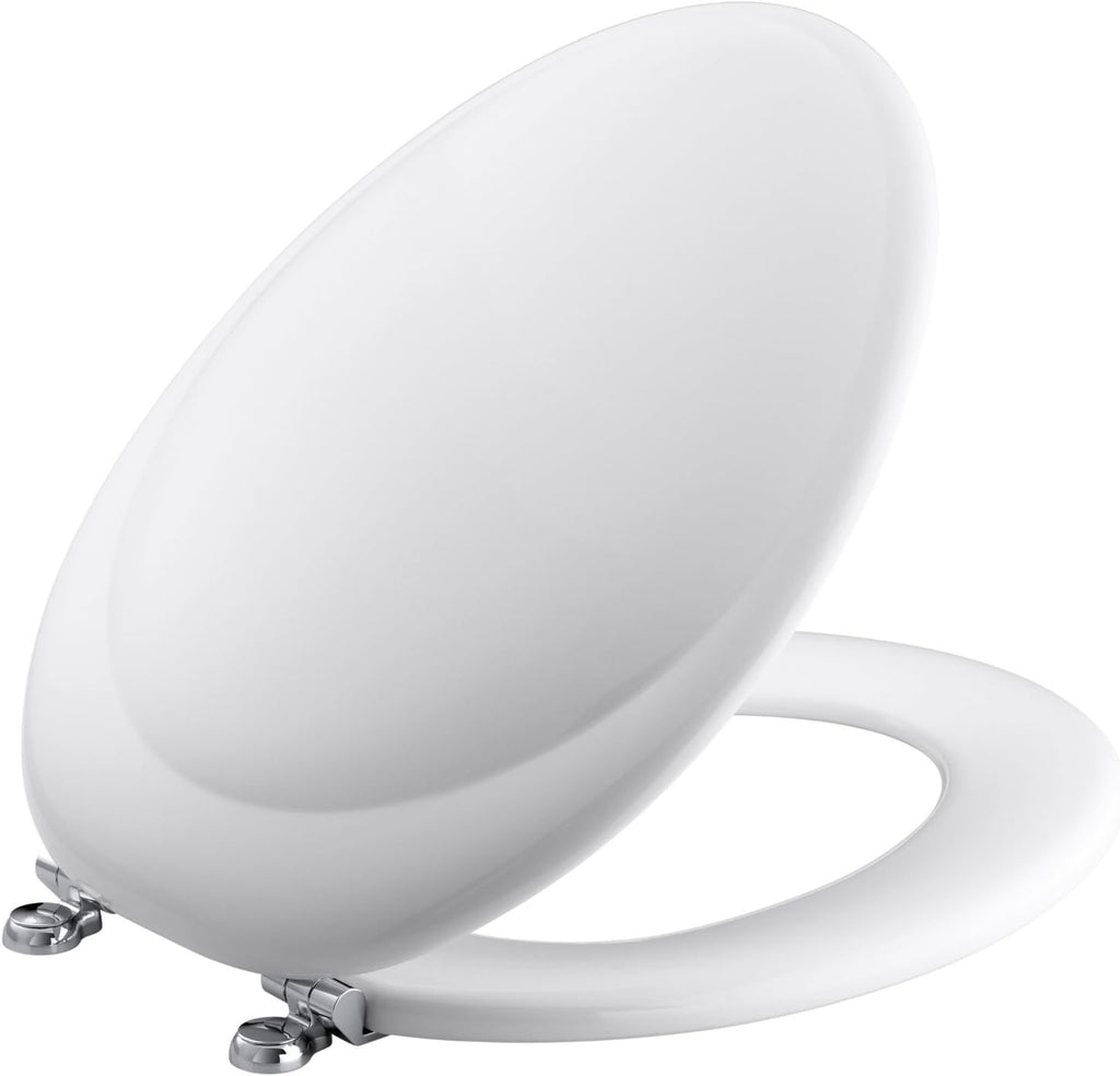 KOHLER K-4615 Revival Elongated Toilet Seat with Polished Chrome Hinges, Molded Wood, Designed for Revival Collection Toilets