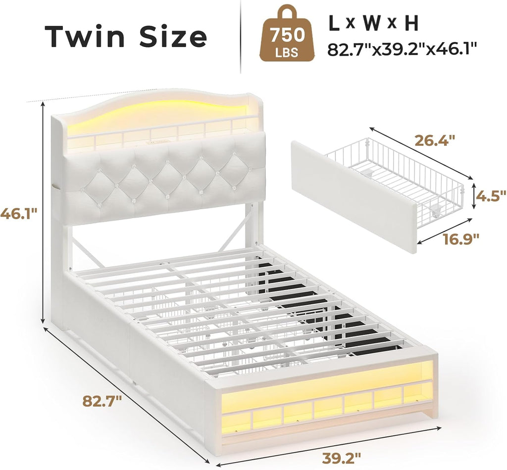 HAUOMS Twin Size Bed Frame with LED Lights & 4 Drawers, Princess Velvet Upholstered Platform Bed for Girls, Headboard with Charging Station & Guardrail & Crystal Button, No Box Spring Needed, Beige