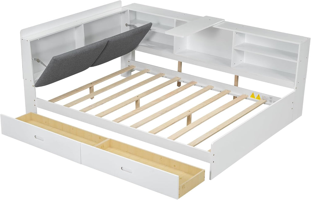 Harper & Bright Designs Full Size Daybed with 2 Storage Drawers and Bookcase,Wood L Shaped Full Platform Bed Frame with Shelves, Full Sofa Bed Frame with Slats Support, No Box Spring Needed, White