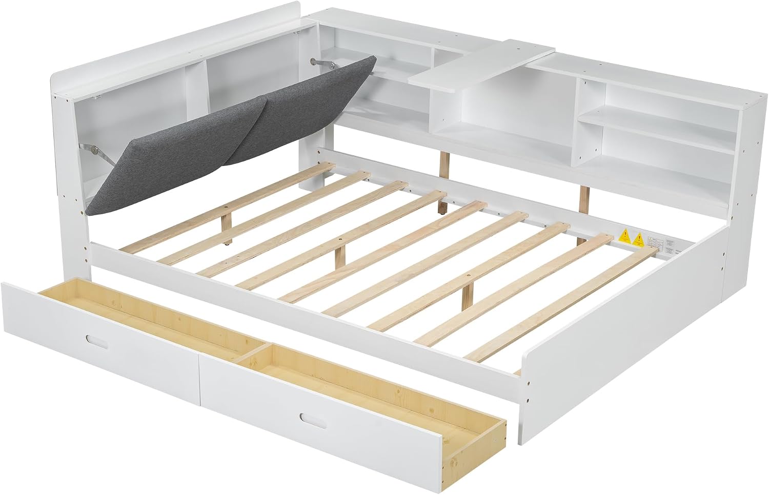 Harper & Bright Designs Full Size Daybed with 2 Storage Drawers and Bookcase,Wood L Shaped Full Platform Bed Frame with Shelves, Full Sofa Bed Frame with Slats Support, No Box Spring Needed, White