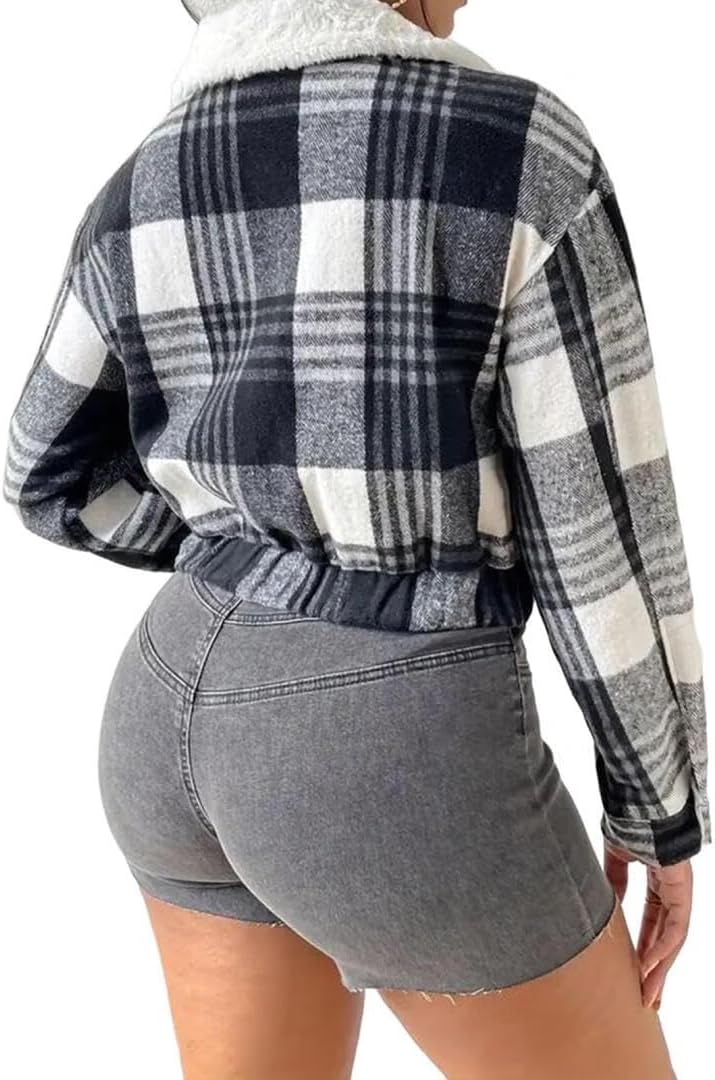 FMCHICO Womens Cropped Plaid Shacket Button Down Short Flannel Shirt Jacket