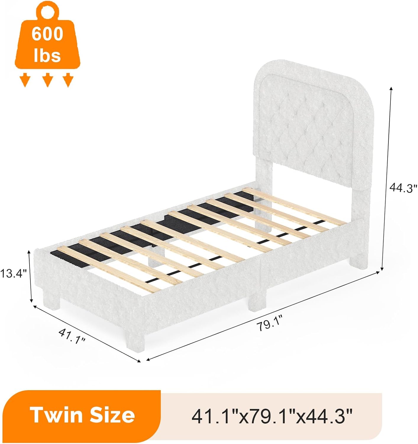 VINGLI Twin Bed Frame Set of 2 with Headboard,Cloud Bed with Rounded Corners, Cream Design,Boucle Upholstered Platform Soft Bed with Sturdy Wood Slats Support,for Kids Teens Adults, White