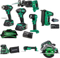Bundle of Metabo HPT 8-18V MultiVolt™ Cordless Tools, Driver Drill, Impact Driver, Reciprocating Saw, Torchlight, Brad Nailer, Circular Saw, Oscillating Multi-Tool, and 5-Inch Random Orbit Sander