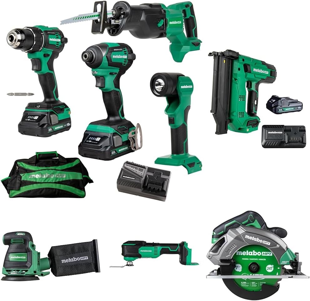 Bundle of Metabo HPT 8-18V MultiVolt™ Cordless Tools, Driver Drill, Impact Driver, Reciprocating Saw, Torchlight, Brad Nailer, Circular Saw, Oscillating Multi-Tool, and 5-Inch Random Orbit Sander