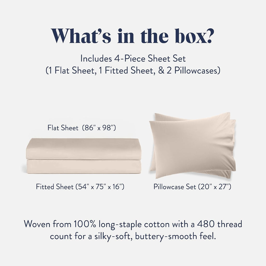 Brooklinen Luxury Sateen 4 Piece Sheet Set - 100% Cotton Bed Sheets, Soft & Durable Full Size Sheet Set in Pebble, Oeko-TEX Certified Bedding Set, 1 Fitted Sheet, 1 Flat Sheet, 2 Pillowcases
