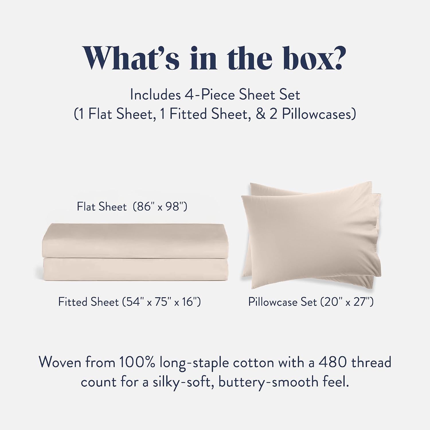 Brooklinen Luxury Sateen 4 Piece Sheet Set - 100% Cotton Bed Sheets, Soft & Durable Full Size Sheet Set in Pebble, Oeko-TEX Certified Bedding Set, 1 Fitted Sheet, 1 Flat Sheet, 2 Pillowcases