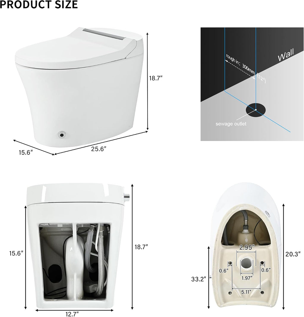 Smart Toilet with Adjustable Heated Seat, One-Piece Elongated Ceramic Toilet, Dual Flush 1/1.28 GPF, Auto Flush, Foot Sensor, Knob Control, Soft Night Light, White