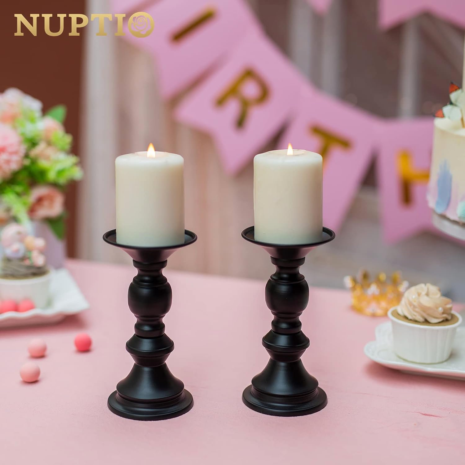 Nuptio 10 Pcs Black Candle Holders for Pillar Candles, Metal Candle Holder for 50mm Candles, Pillar Candle Holder Centerpieces for Wedding Anniversary Housewarming Christmas Party Tables