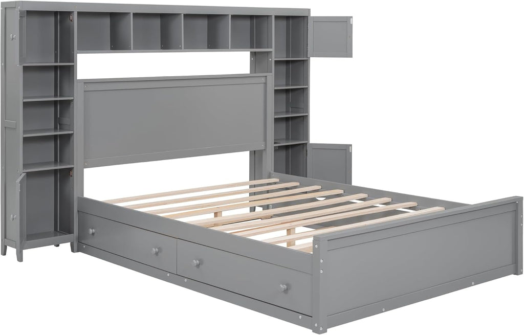 Harper & Bright Designs Queen Size Platform Bed with Trundle and Drawers, Queen Platform Bed Frame with Storage Headboard, Solid Wood Bed Frame with Bookcase and Cabinet, No Box Spring Needed (Gray)
