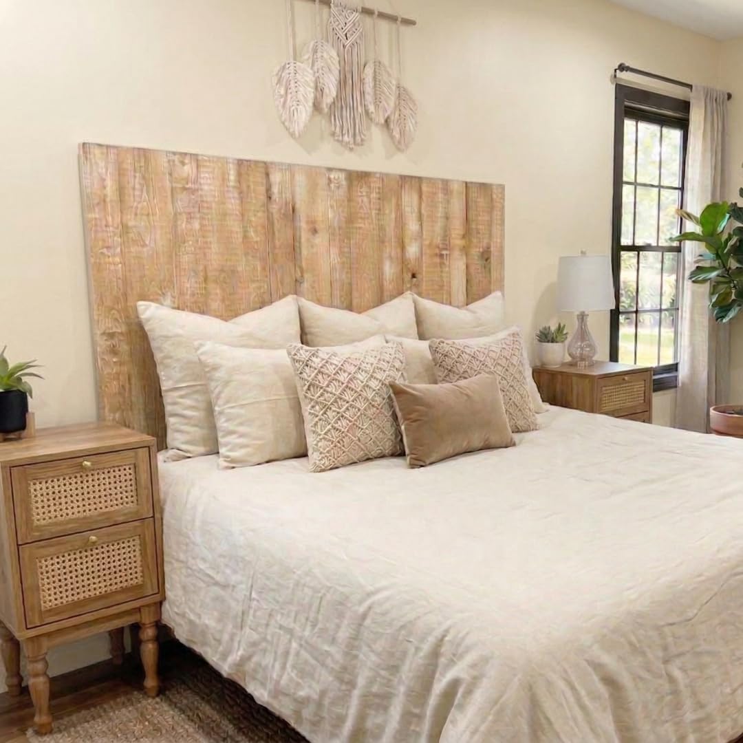 Barn Walls Boho Whitewash Headboard, Bohemian Design, Solid Wood Headboard, Floating Panels, Wall Mount, Adjustable Height, Easy Assembly, King Size