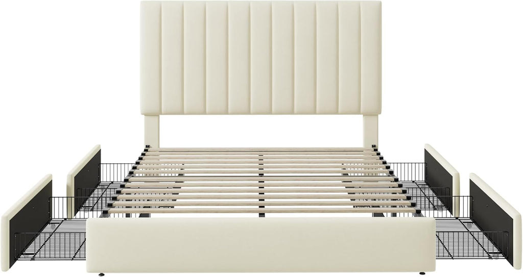 Allewie Full Size Storage Bed Frame, Vertical Channel Tufted Adjustable Headboard, Velvet Upholstered Platform Bed with 4 Oversized Underbed Drawers, Wooden Slats Support, No Box Spring Needed, Cream