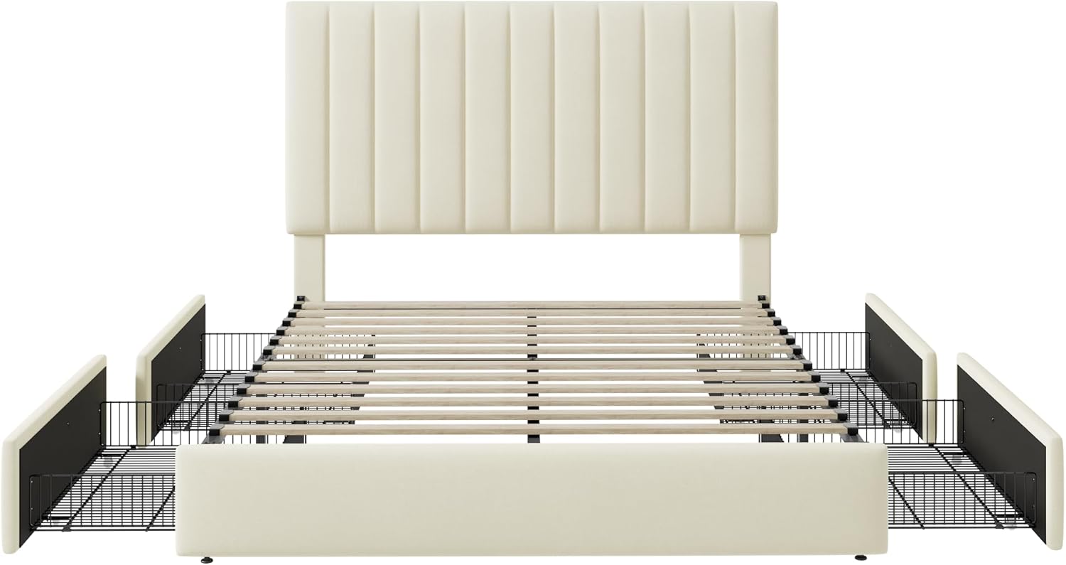 Allewie Full Size Storage Bed Frame, Vertical Channel Tufted Adjustable Headboard, Velvet Upholstered Platform Bed with 4 Oversized Underbed Drawers, Wooden Slats Support, No Box Spring Needed, Cream