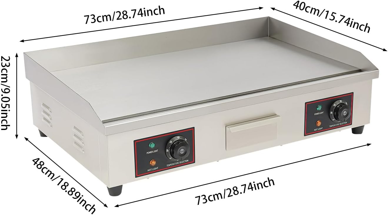 Electric Griddle, 3000W Commercial Flat Top Grill, Stainless Steel Countertop Cooking Station, Cast Iron Plate, 122-572°F Adjustable Temp, 28.7x15.75 Inch Surface for Restaurant Kitchen
