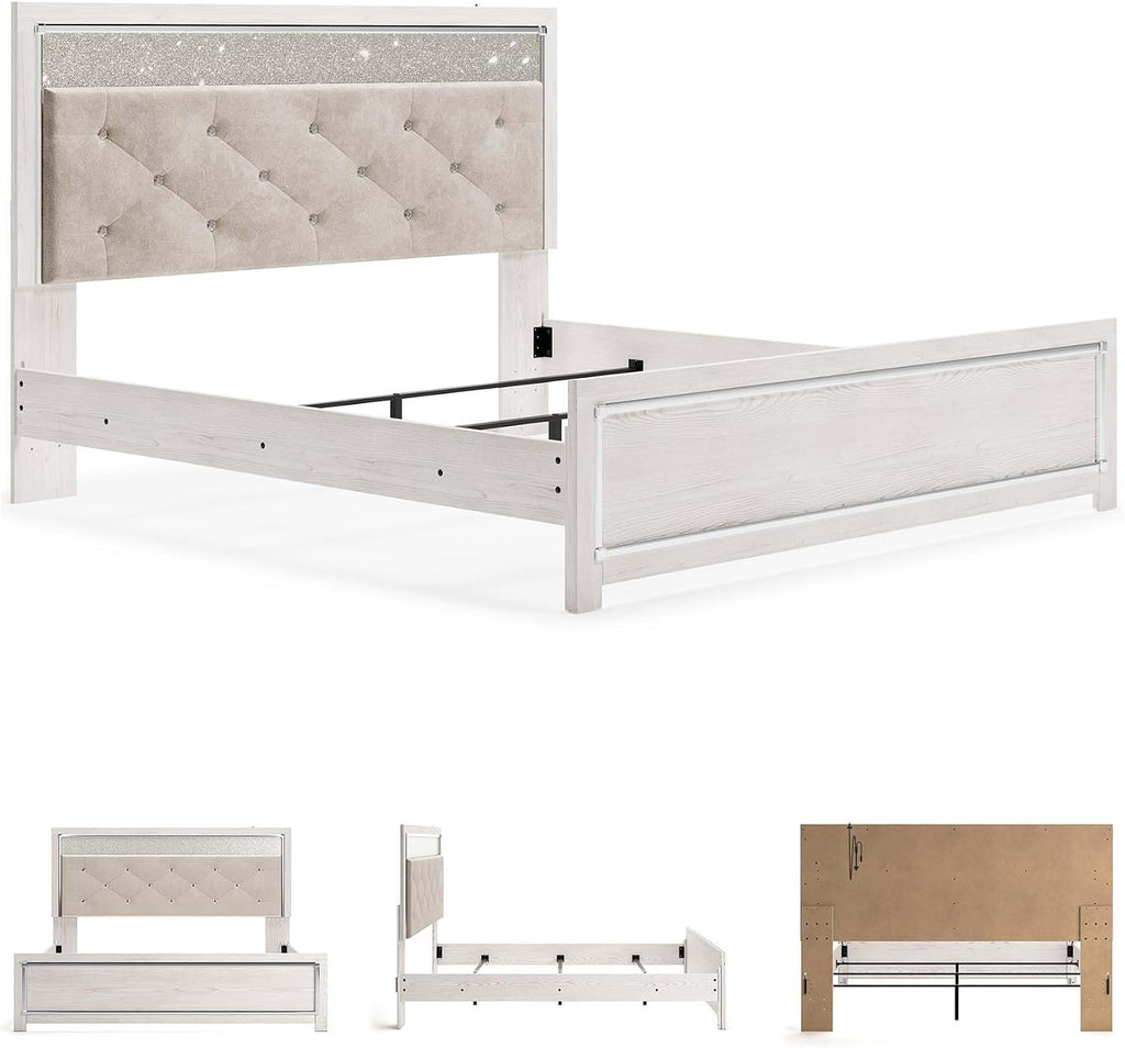 Signature Design by Ashley Altyra Contemporary Adjustable Tufted King Upholstered Panel Bed with LED Lights and Metal Slats, Foundation or Box Spring Needed, White & Gray