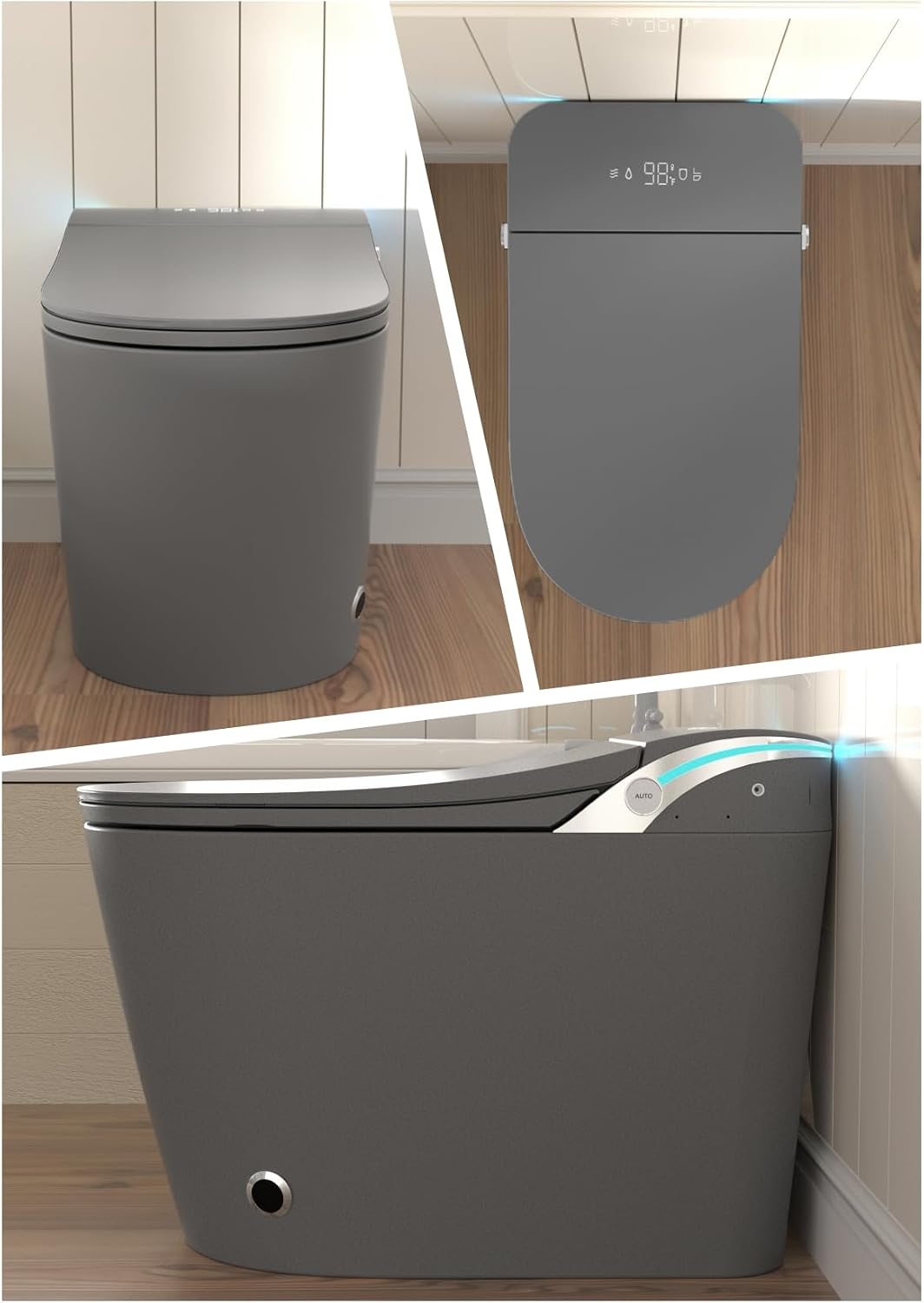 SouNor Grey Smart Toilet with Bidet Built In, Heated Seat, Warm Water and Dry, ADA Comfort Night Light, Auto Flush, Auto Open & Close Lid, Matte Grey