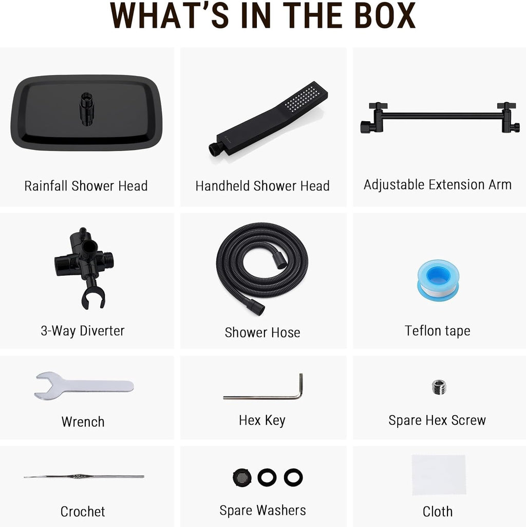 G-Promise All Metal 14 Inch Dual Square Shower Head with Handheld Spray Combo, Rain Shower Head, Adjustable Extension Arm, 3-Way Diverter, 71 Inch Extra Long Hose - A Bathroom Upgrade (Matte Black)