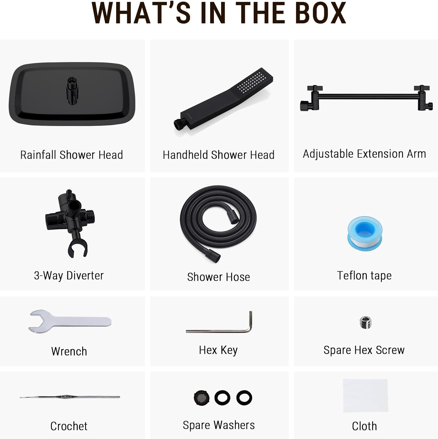 G-Promise All Metal 14 Inch Dual Square Shower Head with Handheld Spray Combo, Rain Shower Head, Adjustable Extension Arm, 3-Way Diverter, 71 Inch Extra Long Hose - A Bathroom Upgrade (Matte Black)