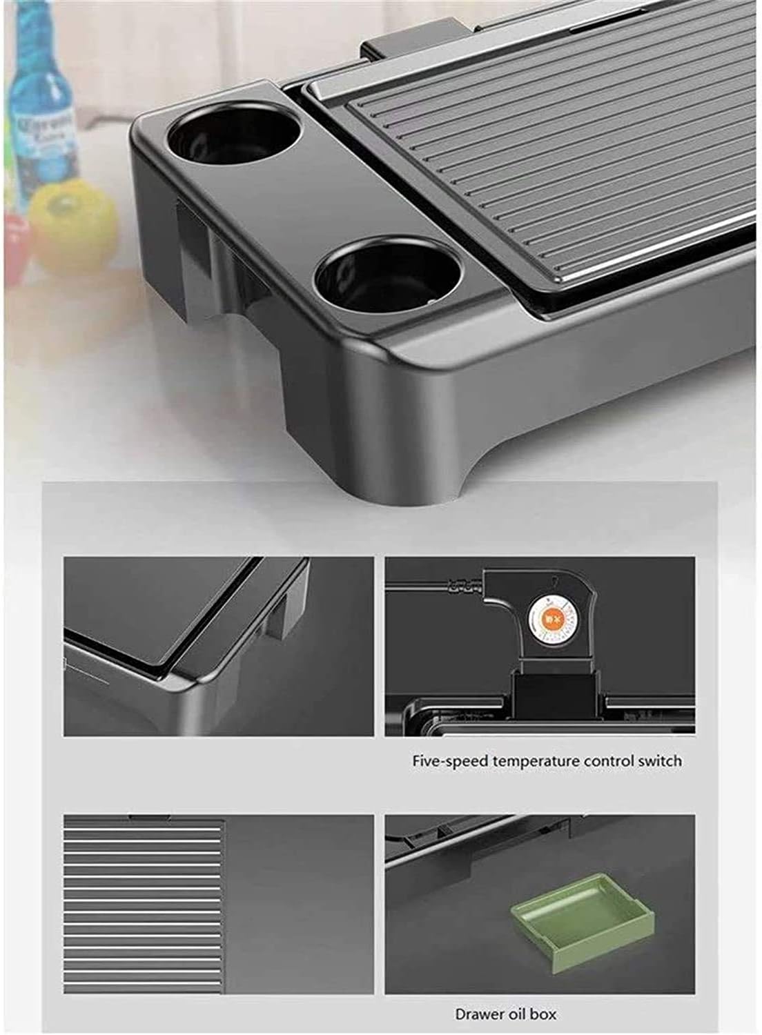 Electric Griddle Indoor Grill Smokeless Coated Non-Stick Pancake Griddle with Cool-Touch Handle 5-Level Control,1500W, Black,Household Nonstick Electric Griddle
