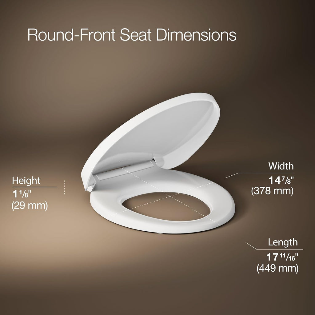 KOHLER K-10515-0 PureWarmth Heated Quiet-Close Round-Front, Soft Close Toilet Seat for Standard Toilets, Slow Close, White