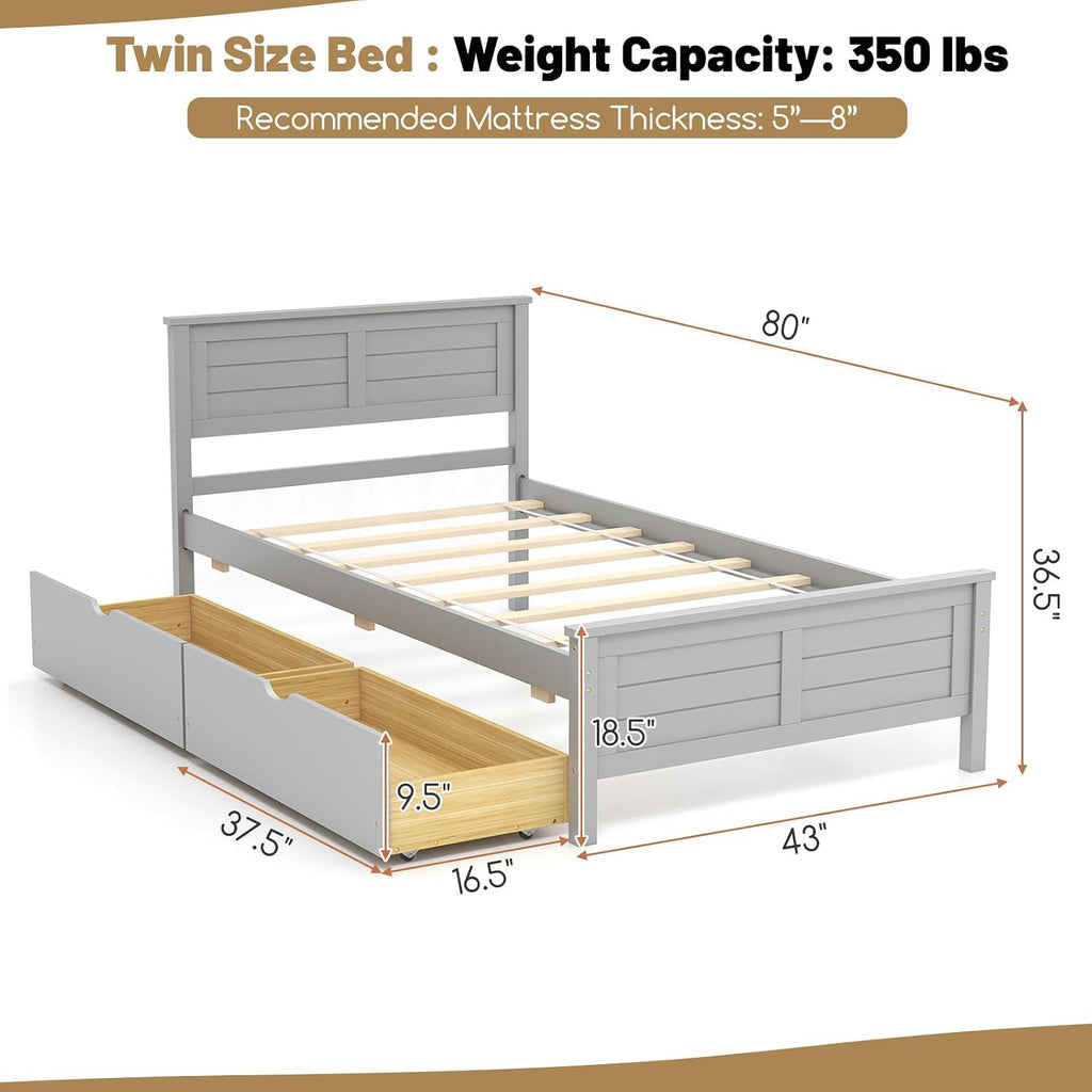 GOFLAME Twin Size Bed Frame with 2 Drawers, Platform Bed with Solid Wood Headboard & Footboard, Wood Slats Support Mattress Foundation, Under Bed Storage, No Box Spring Needed, Easy Assembly, Grey